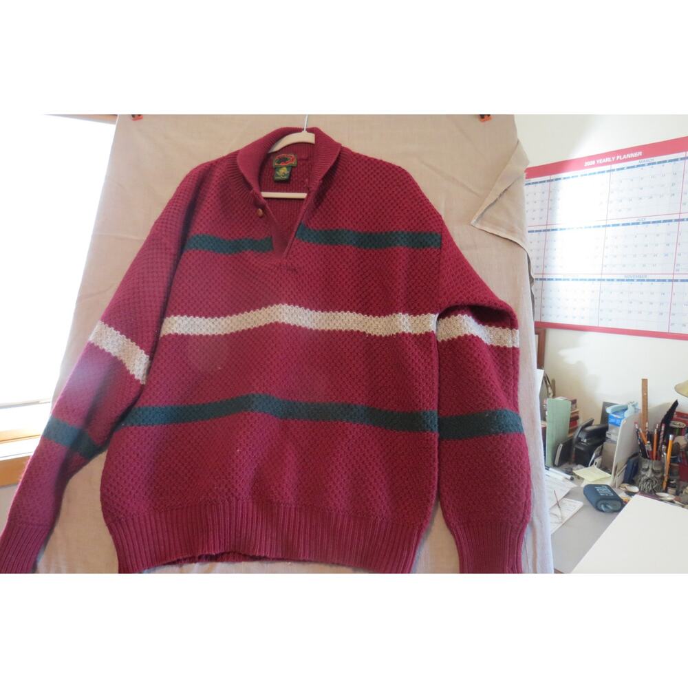 Boston Traders L Pure Wool Burgundy Striped Collared Sweater mens